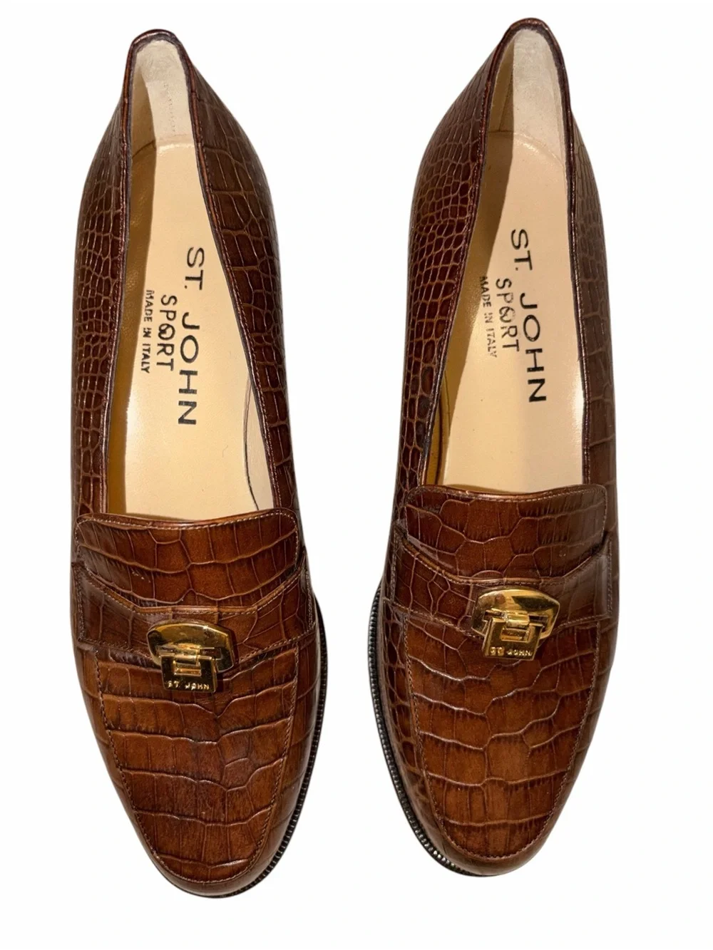 NWOT Vintage St. John Brown Croc Embossed Leather Loafers Gold Hardware Italy 8